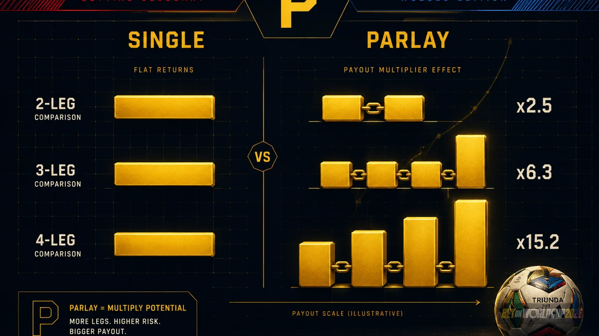 Comparison-chart visual contrasting parlay payout chains versus single-bet payout — three rows scaling with leg count
